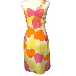 Rare Colorful Heart Print 100% Silk One Shoulder Bespoke Italian Mini Dress